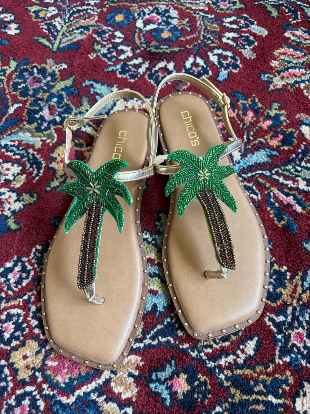 adidas Green Beaded Palm Tree T-Strap Sandals